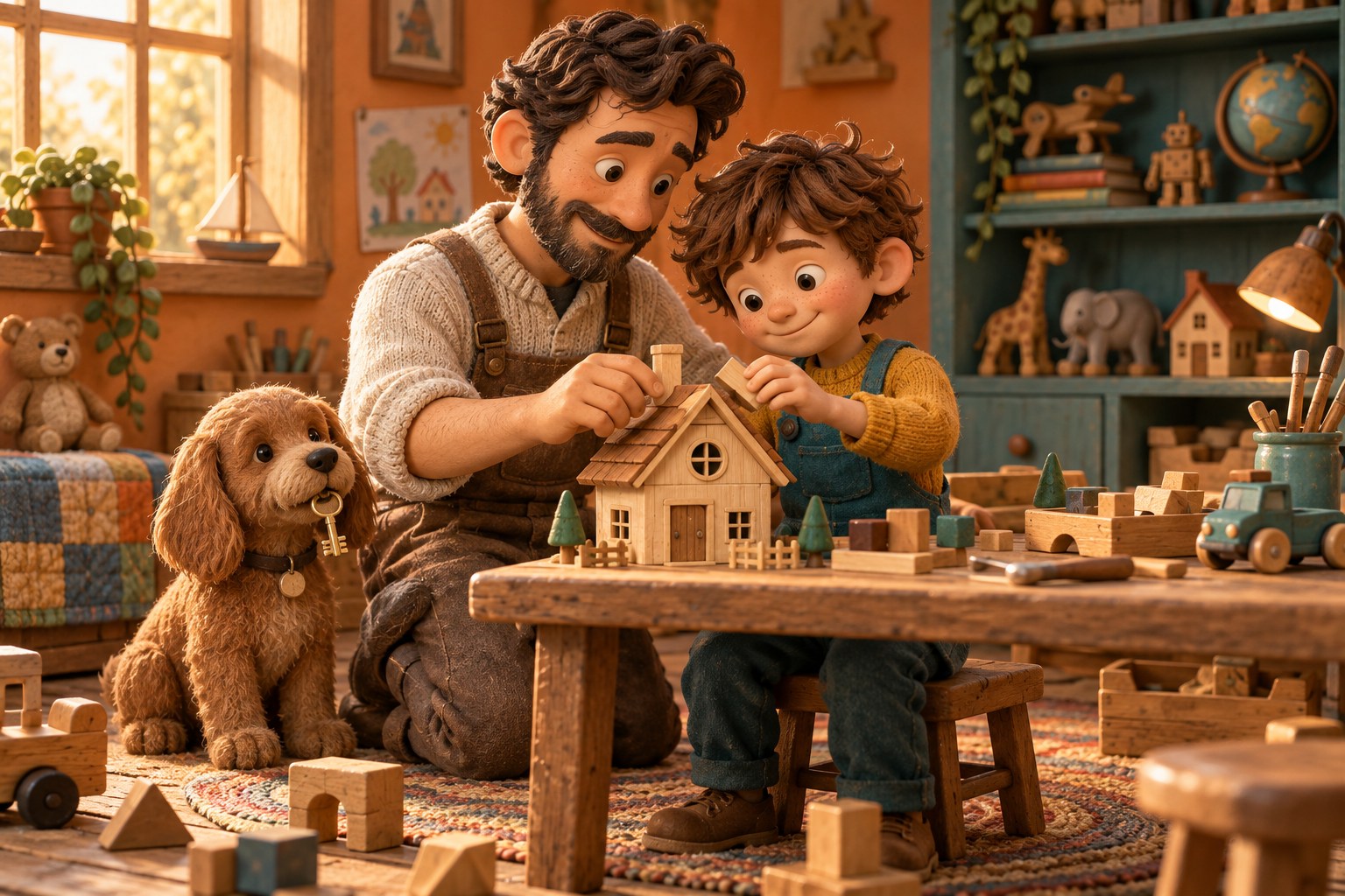 A father and his little boy build a toy house, while their dog holds a tiny key